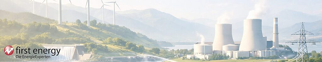 Helles, fotorealistisches Landschaftsbild mit Windrädern und sanften Bergen im Hintergrund, das die dynamische Stimmung des Energiemarkts im Februar 2026 symbolisiert.