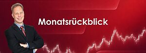 Steuern & Abgaben Strom Monatsrückblick vor rotem Hintergrund mit einem Mann im Anzug und einem Linienchart.