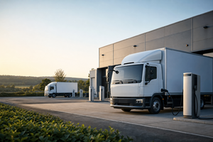 Elektrische Lkw an Ladepunkten auf dem Gelände eines Logistikstandorts