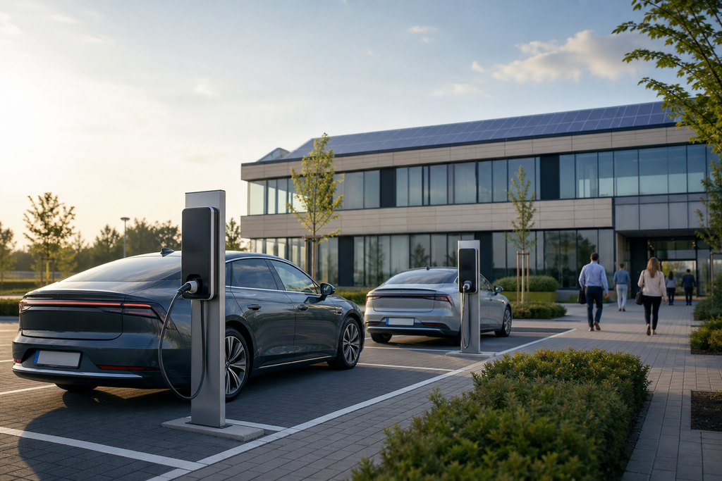 EnergieMarkt im Mai 2026: Die entscheidenden Trends und Fakten Elektroautos laden an Ladepunkten auf dem Parkplatz eines modernen Unternehmensstandorts.