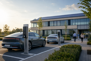 Elektroautos laden an Ladepunkten auf dem Parkplatz eines modernen Unternehmensstandorts.
