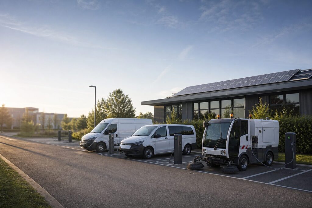 Elektrische Unternehmensfahrzeuge laden an Ladepunkten vor einem Gebäude mit Photovoltaikanlage